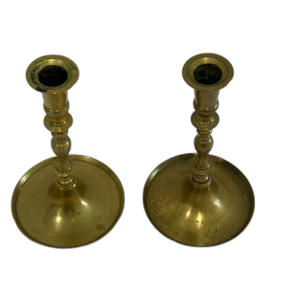 Vintage Solid Brass Candle Holders with Dish Style Base Matched Set - Picture 1 of 10